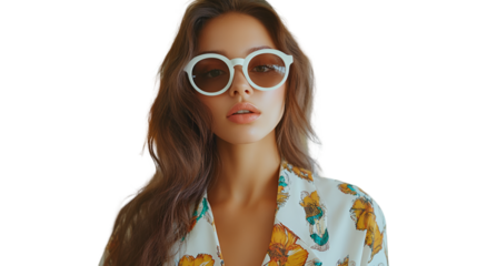 Portrait of a stylish woman with sunglasses and floral shirt fashion summer style beauty and trends model look 2024 against white transparent background	