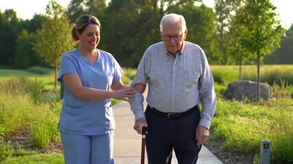 Supportive female caregiver assisting a senior man with a walking cane on a path in a beautiful park. - Powered by Adobe