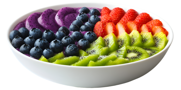 Smoothie Bowl with Gradient Fruit Toppings Isolated on White Background