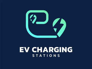 Electric vehicle charging letter E Location Line Symbols logo vector design concept. Letter E logotype symbol for Electric Car, EV station, ui, web, ev business, infographic, new technology.