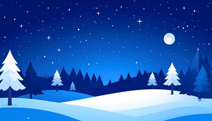 Naklejka premium A winter night scene with snowy trees under a starry sky.