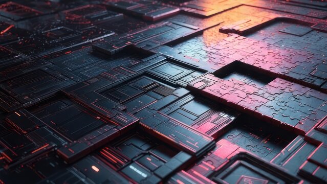 Intricate Cybernetic Puzzle with Glowing Red Data Streams