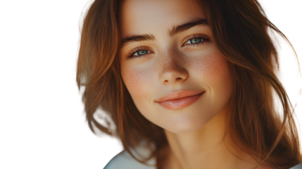 Portrait of beautiful woman with natural makeup and brown hair smiling pretty face close up photography against white transparent background	