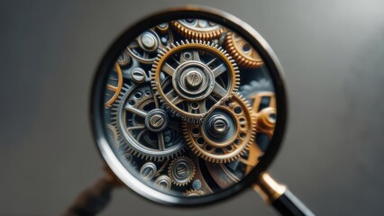 Obraz premium Intricate Clockwork Revealed: A Magnifying Glass Zooms on Golden and Silver Gears