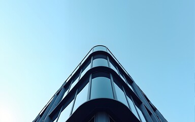 3D stimulate of high rise curve glass building and dark steel window system on blue clear sky background,Business concept of future architecture,lookup to the angle of the corner building.