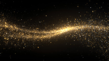 Naklejka premium A stunning wave of golden particles glimmers against a dark background, creating a mesmerizing visual effect for digital designs.