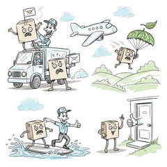 Cartoon vector illustration of funny delivery scenes with anthropomorphic packages and couriers using trucks, planes, parachutes, and walking to deliver mail, isolated on white background.