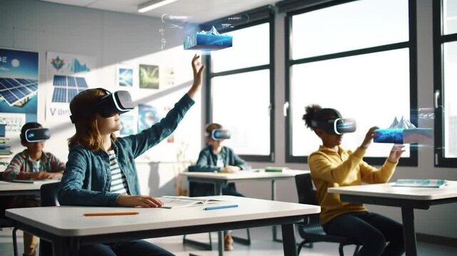 Young students in a modern classroom using virtual reality for an immersive learning experience