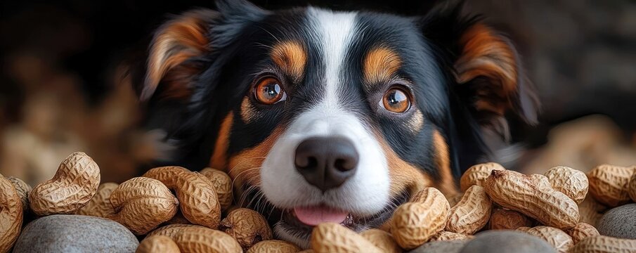 Close-up of a happy dog with expressive eyes surrounded by peanuts and stones, conveying curiosity and playfulness