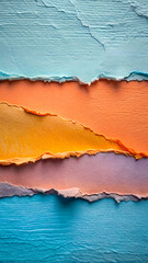 Obraz premium Abstract textured background with horizontal torn paper layers in vibrant shades of blue orange and pink showcasing artistic craft and creative design elements