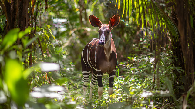Rare animal okapi (Okapia johnstoni) gracefully standing in the vibrant undergrowth of the Ituri rainforest in the Democratic Republic of Congo.