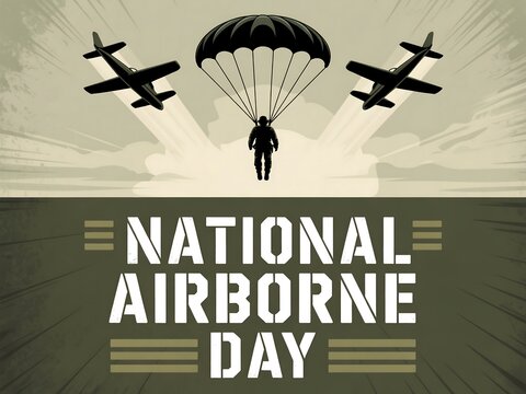 Celebrating national airborne day with a paratrooper descending from the sky between two vintage aircraft