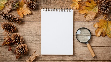 Autumn composition with blank notebook, magnifying glass, pinecones, and leaves