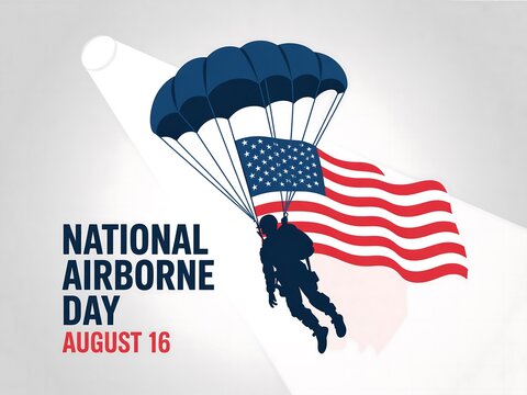 Celebrate national airborne day with a paratrooper descending under the american flag