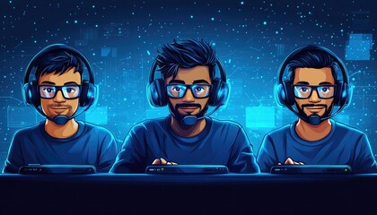 Three cartoon gamers with headsets concentrate intensely on screens. Use for e-sports, streaming, or online gaming illustrations.