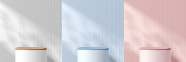 Set of 3D white, pink, blue cylinder pedestal or stand product podium with light and leaf shadow on the wall. Pastel minimalist scene collection. Vector rendering geometric forms for mockup display.