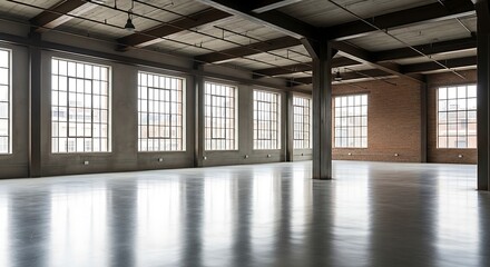Empty warehouse loft with steel beams and concrete floors.