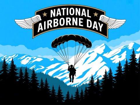 Celebrating national airborne day with a paratrooper descending over snowy mountains and pine trees