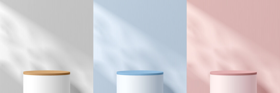 Set of 3D white, pink, blue cylinder pedestal or stand product podium with light and leaf shadow on the wall. Pastel minimalist scene collection. Vector rendering geometric forms for mockup display.