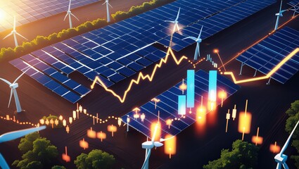 Aerial view of solar panels and wind turbines with financial graph overlaying the landscape view