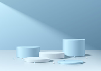 3D blue, white round product podium set background with light and shadow. Abstract geometric composition in minimalist design. 3D studio display showroom pedestal, Fashion stage showcase mockup scene.