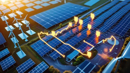Aerial view of solar panel farm with wind turbines and a glowing line graph overlayed on the panels