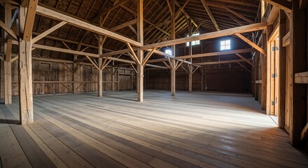 Empty rustic barn interior with wooden beams