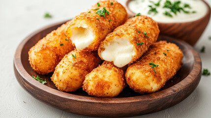 Crispy mozzarella sticks with oozing cheese served on rustic wooden plate
