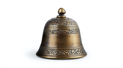 A Renaissance brass bell with delicate engravings and a polished finish, isolated on a white background, emphasizing its historical and artistic value.