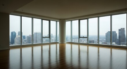 Fototapeta premium Empty penthouse corner room with cityscape views