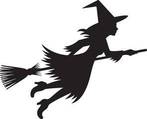 Silhouette illustration of a witch flying on a broom for halloween design