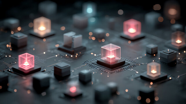 Abstract digital circuit design with glowing nodes, representing innovation and technology in modern computing systems.