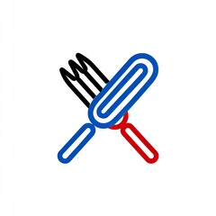 Obraz premium Two crossed eating utensils, a fork and a knife, depicted in a simple, stylized line art. The fork is black outlined, the knife is outlined in red and blue. The utensils are in a x shape