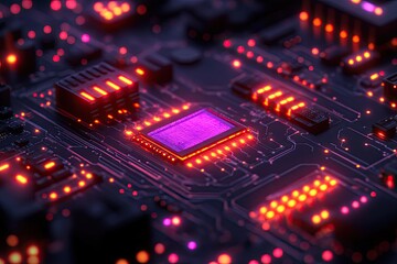 Obraz premium Close-up shows circuit board with glowing lights and electronic components. Perfect for tech, science, and industry related creative projects.