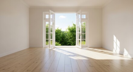 Empty dining room with French doors opening to garden