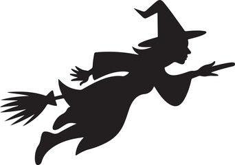 Silhouette illustration of a witch flying on a broom for halloween design