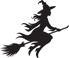 Silhouette illustration of a witch flying on a broom for halloween design