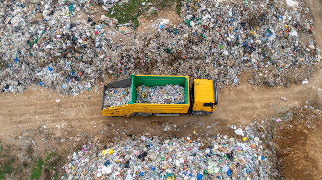 Aerial view of a garbage truck navigating through a landfill filled with waste materials, highlighting environmental issues.