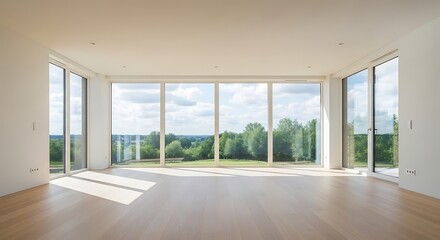 Obraz premium Empty Modern Living Room with Large Windows and Minimalist Decor