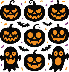 set of halloween icon silhouette vector on tranparent background