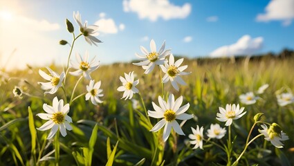 Peaceful meadow with blooming white wildflowers and fresh green grass, glowing in the warm light of day.