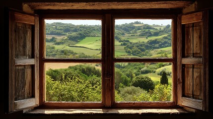 Open Window Overlooking Green Rolling Hills and Countryside Landscape