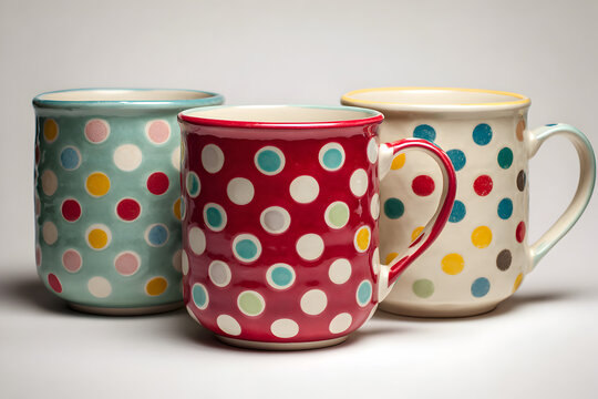 Three colorful polka dot mugs together on white background - Powered by Adobe