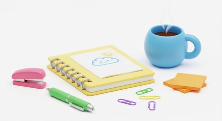 Coffee cup with stationery on desk