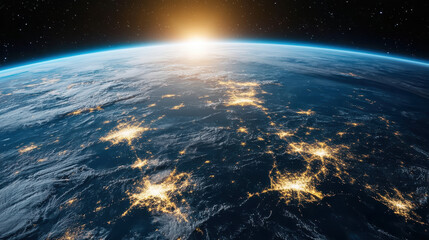 Fototapeta premium Bright sunrise over Earth, showcasing illuminated cities and global connectivity