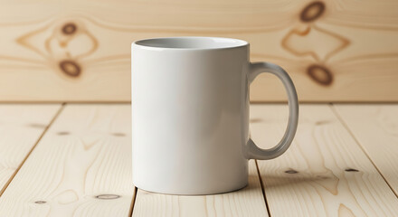 A clean white ceramic mug template on a light wooden background, a mockup for custom designs and branding.
