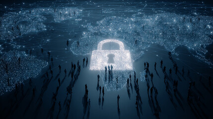 Futuristic digital lock symbolizing data security amidst a crowd, representing the importance of cybersecurity.