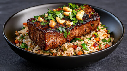 Fototapeta premium Juicy roasted lamb atop spiced rice with nuts and herbs creates delightful dish