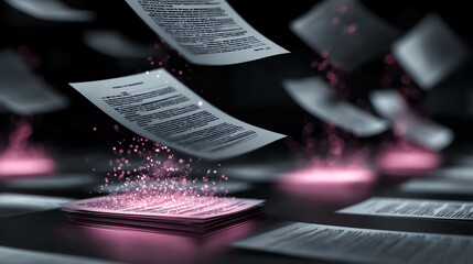 Futuristic representation of floating documents with a glow, symbolizing the digital transformation of paperwork.