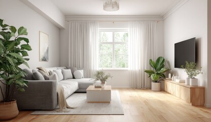 Modern living room interior design, sunlight, plants, wood floor, relaxation